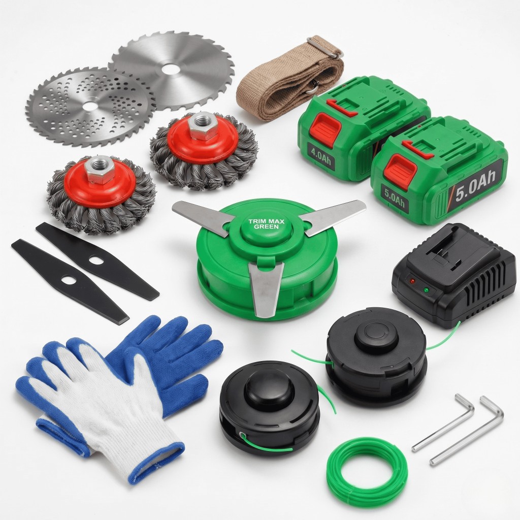 Trim Max Green — accessori e teste di taglio intercambiabili: lame, spazzole, filo nylon, batterie 4.0Ah e 5.0Ah