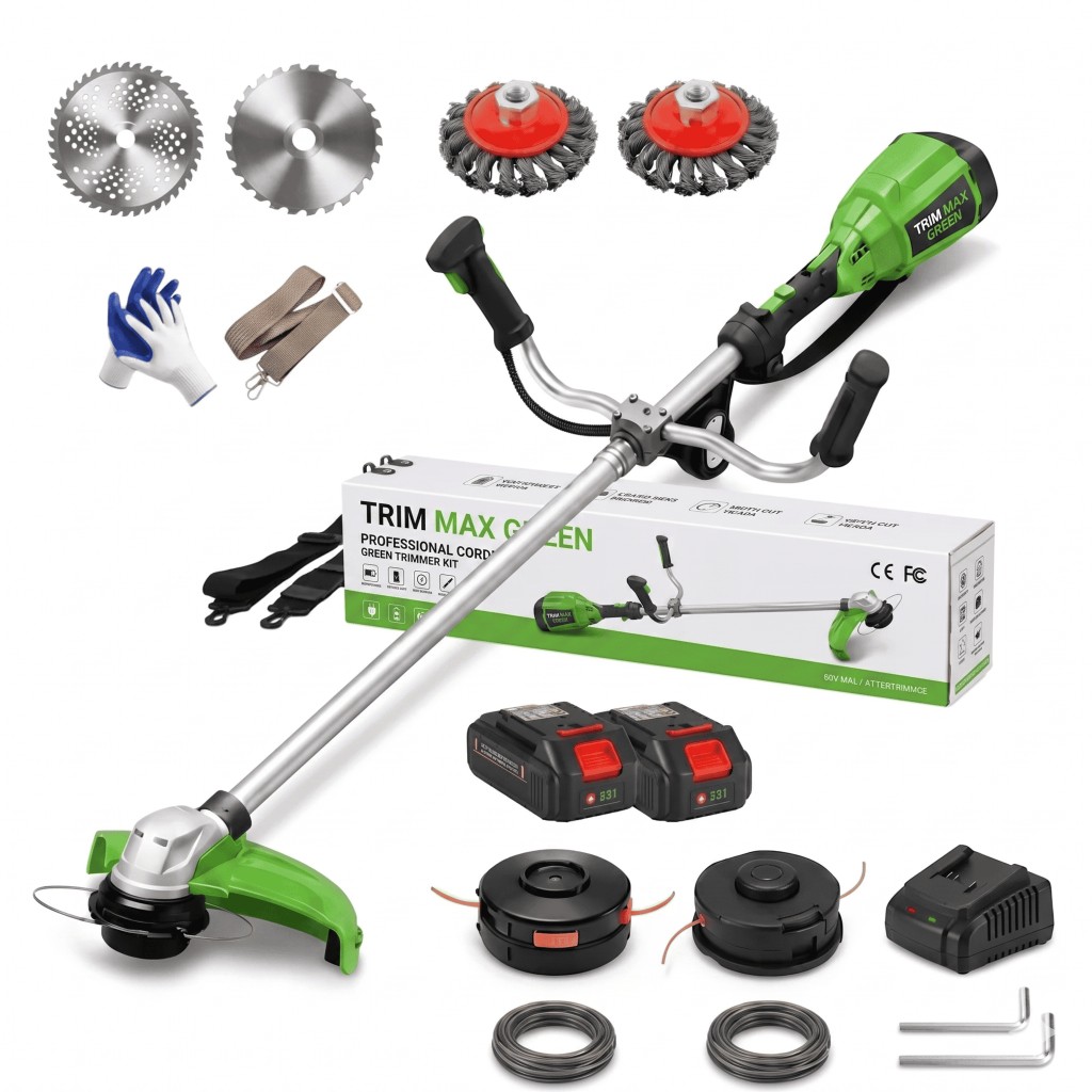 Kit completo Trim Max Green: decespugliatore, 2 batterie, caricabatterie, teste di taglio, cintura, guanti e accessori