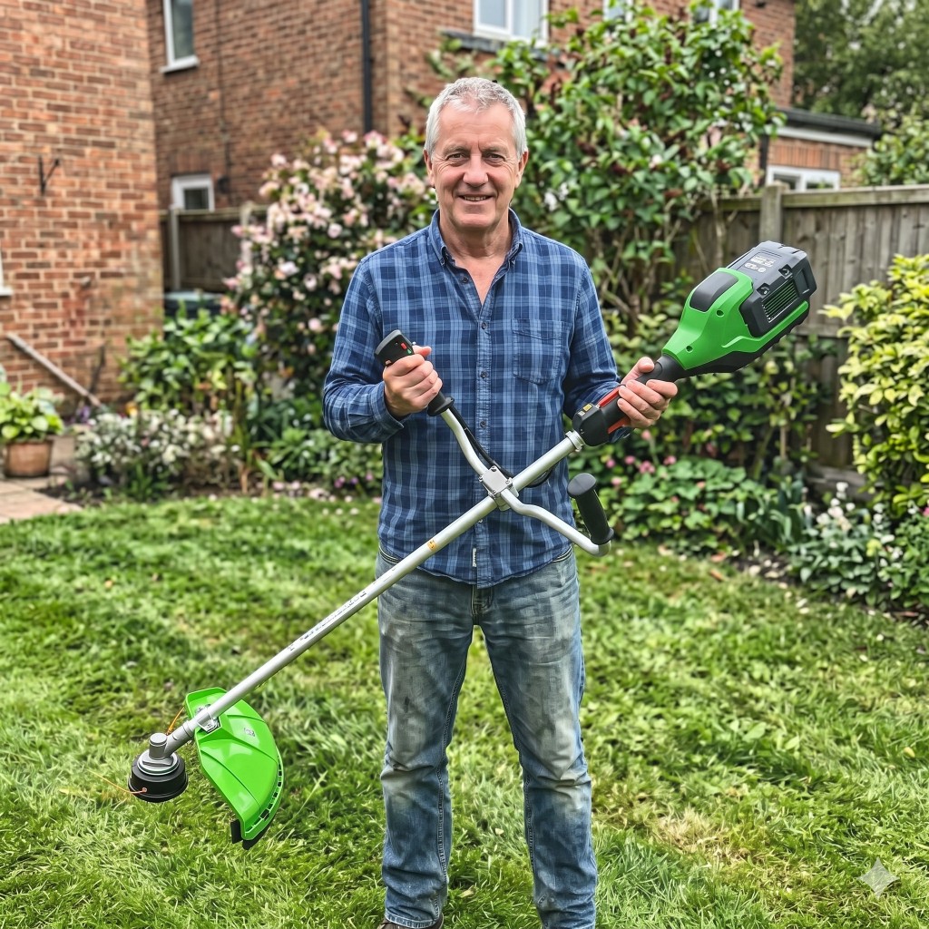 Marco F., giardiniere professionista, con Trim Max Green in giardino